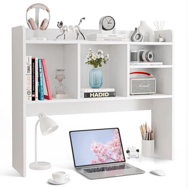 Main image of Desktop Bookshelf, Countertop Storage Hutch with 4 Shelves for Computer Desk, 2-Tier Display Rack, Multipurpose Wood Desk Hutch Storage Organizer for Home Office Dorm, White