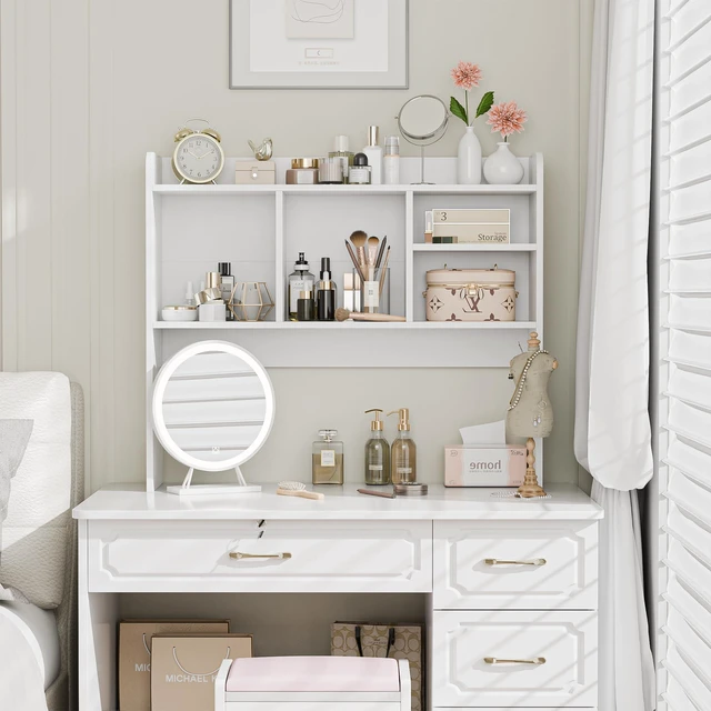 Alt view image 2 of 7 - Desktop Bookshelf, Countertop Storage Hutch with 4 Shelves for Computer Desk, 2-Tier Display Rack, Multipurpose Wood Desk Hutch Storage Organizer for Home Office Dorm, White