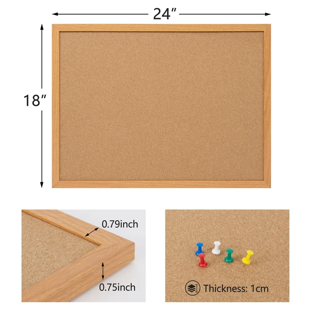 Alt view image 6 of 7 - Cork Board Bulletin Board 18 x 24, Wood Framed Corkboard for Wall Hanging Office Message Board, Large Notice Pin Board with 15 Push Pins, 10mm Natural Cork, For School, Home & Office