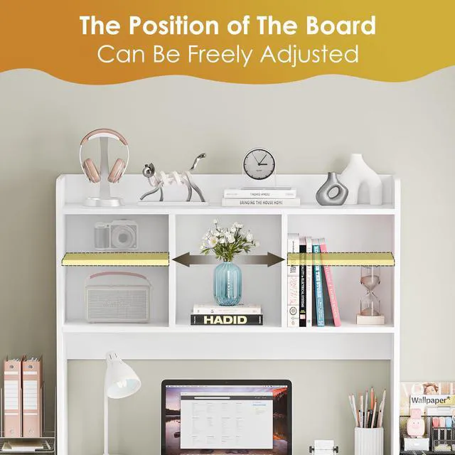 Alt view image 4 of 7 - Desktop Bookshelf, Countertop Storage Hutch with 4 Shelves for Computer Desk, 2-Tier Display Rack, Multipurpose Wood Desk Hutch Storage Organizer for Home Office Dorm, White