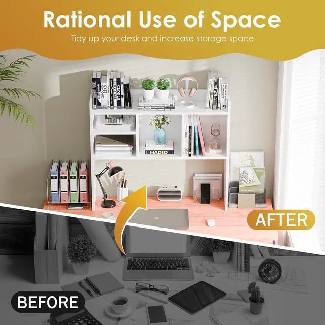 Alt view image 6 of 7 - Desktop Bookshelf, Countertop Storage Hutch with 4 Shelves for Computer Desk, 2-Tier Display Rack, Multipurpose Wood Desk Hutch Storage Organizer for Home Office Dorm, White