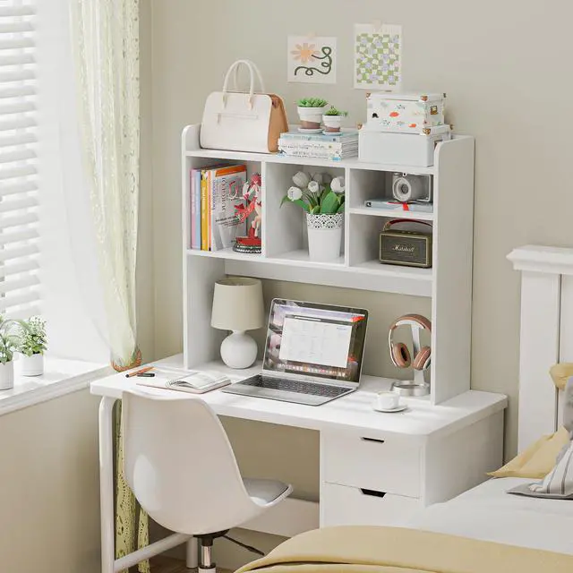 Alt view image 7 of 7 - Desktop Bookshelf, Countertop Storage Hutch with 4 Shelves for Computer Desk, 2-Tier Display Rack, Multipurpose Wood Desk Hutch Storage Organizer for Home Office Dorm, White