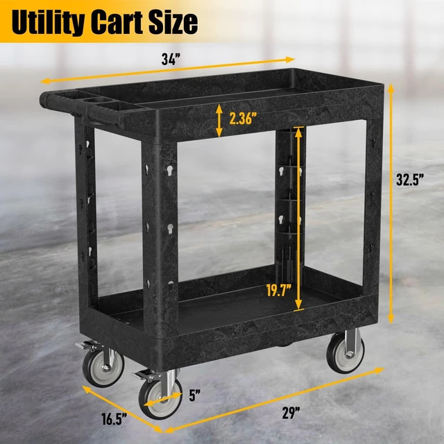 Alt view image 2 of 7 - Service Utility Plastic Tool Cart, 34 x 17-Inch Rolling With Deep 2-Shelf, Heavy Duty Wheels, 550 lbs Capacity Organizer for Garage, Warehouse, Workshop