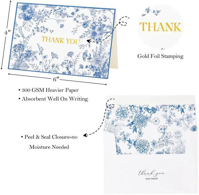 Alt view image 3 of 7 - 100 Pack Blue Floral Thank you cards Gold Foil Greeting Notes Bulk with Envelopes for Birthday, Baby Shower, Bridal Shower, Wedding, Graduation