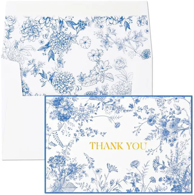 Main image of 100 Pack Blue Floral Thank you cards Gold Foil Greeting Notes Bulk with Envelopes for Birthday, Baby Shower, Bridal Shower, Wedding, Graduation