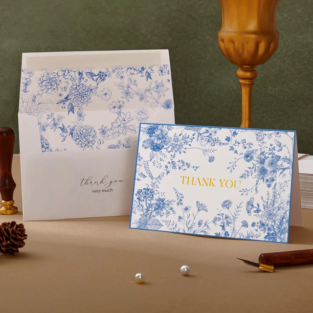 Alt view image 2 of 7 - 100 Pack Blue Floral Thank you cards Gold Foil Greeting Notes Bulk with Envelopes for Birthday, Baby Shower, Bridal Shower, Wedding, Graduation