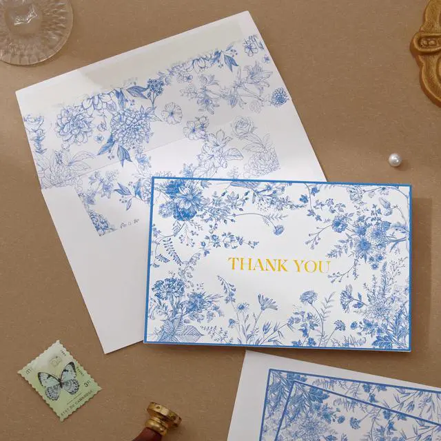 Alt view image 6 of 7 - 100 Pack Blue Floral Thank you cards Gold Foil Greeting Notes Bulk with Envelopes for Birthday, Baby Shower, Bridal Shower, Wedding, Graduation