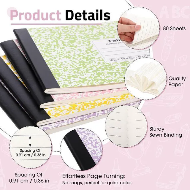 Alt view image 2 of 7 - Half Composition Books,Macarons,Snowflake 20 Pack Bulk Journals for School Students, Wide Ruled 80 Sheets, 11/32 Inch Spacing, 4-7/8x7-1/2 Size, Primary Covers