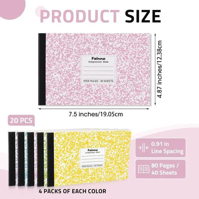 Alt view image 3 of 7 - Half Composition Books,Macarons,Snowflake 20 Pack Bulk Journals for School Students, Wide Ruled 80 Sheets, 11/32 Inch Spacing, 4-7/8x7-1/2 Size, Primary Covers