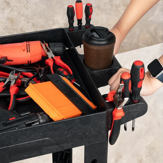 Alt view image 4 of 7 - Service Utility Plastic Tool Cart, 34 x 17-Inch Rolling With Deep 2-Shelf, Heavy Duty Wheels, 550 lbs Capacity Organizer for Garage, Warehouse, Workshop
