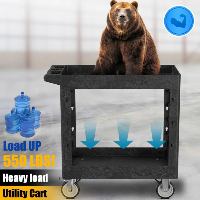 Alt view image 6 of 7 - Service Utility Plastic Tool Cart, 34 x 17-Inch Rolling With Deep 2-Shelf, Heavy Duty Wheels, 550 lbs Capacity Organizer for Garage, Warehouse, Workshop