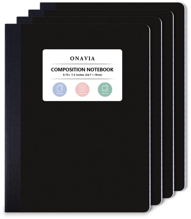 Main image of Plastic Composition Notebook College Ruled 4 Pack, 160 Pages, Black 80 ct, 9.75 x 7.5 in, Poly Comp Books, Waterproof, Durable, Sewn Binding, School Notebooks, Students, Note Taking