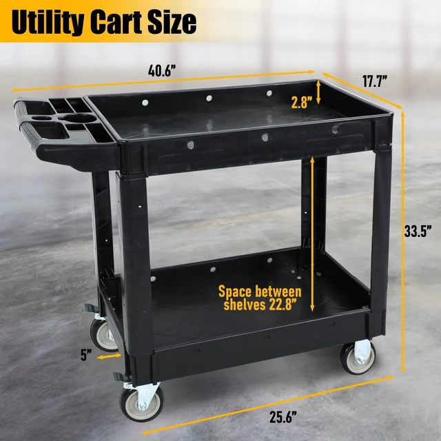 Alt view image 3 of 7 - Utility Rolling Tool Cart, 40 x 17-Inch Plastic Rolling Carts Huge Storage W/Deep 2-Shelf Heavy Duty Service Carts with Wheels,550 lbs Capacity Organizer for Garage,Warehouse,Workshop-Medium