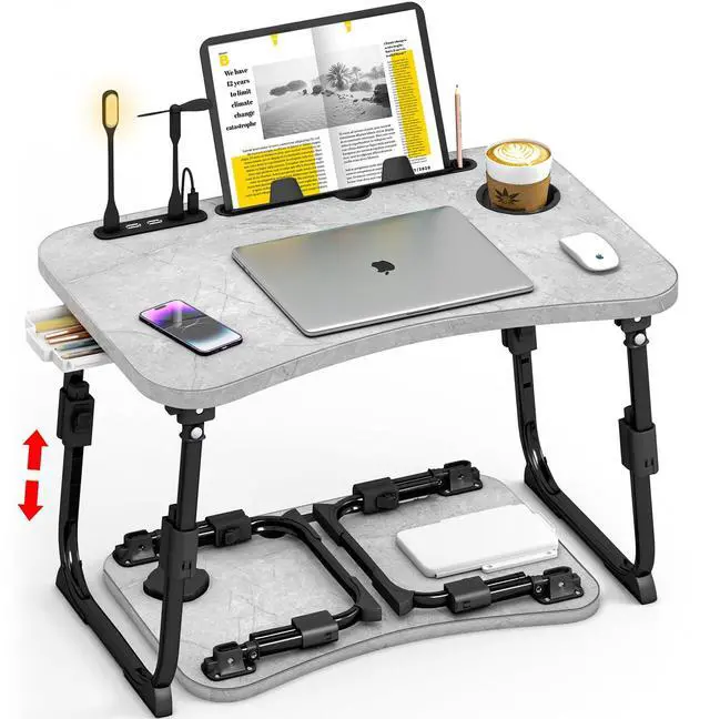 Main image of Lap Desk for Bed Adjustable Height, Foldable Bed Table with Storage Drawer, Tablet Slot & Cup Holder, Portable Laptop Stand for Bed & Sofa, Bed Desk for Adults & Kids, Light Stone Color