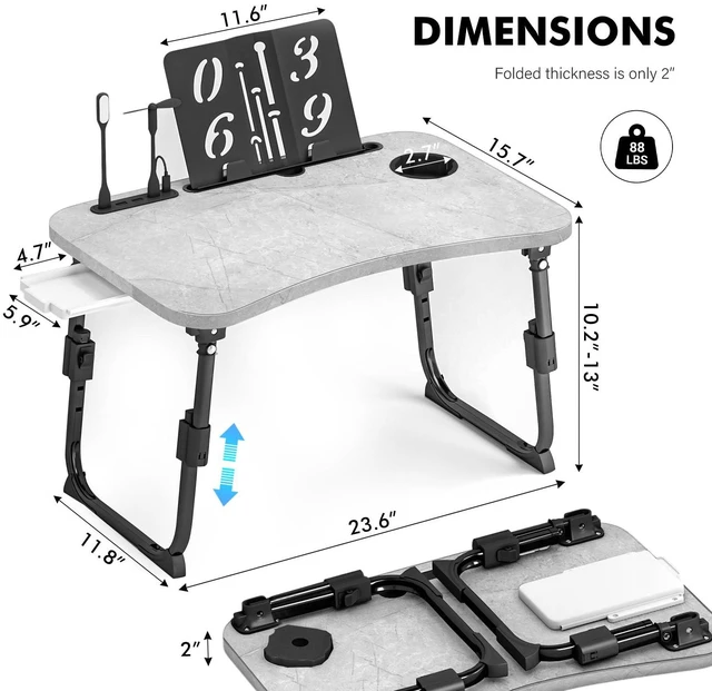 Alt view image 2 of 7 - Lap Desk for Bed Adjustable Height, Foldable Bed Table with Storage Drawer, Tablet Slot & Cup Holder, Portable Laptop Stand for Bed & Sofa, Bed Desk for Adults & Kids, Light Stone Color