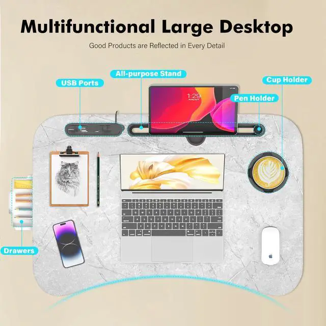 Alt view image 5 of 7 - Lap Desk for Bed Adjustable Height, Foldable Bed Table with Storage Drawer, Tablet Slot & Cup Holder, Portable Laptop Stand for Bed & Sofa, Bed Desk for Adults & Kids, Light Stone Color