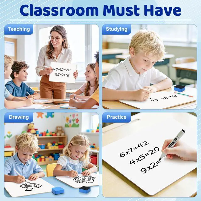 Alt view image 7 of 7 - 24 Pack Dry Erase Boards, 9x12 Inch Double Sided Whiteboards with Erasers Small White Board Bulk for Students Teachers, Personal White boards with 24 Erasers, Office School Classroom Supplies