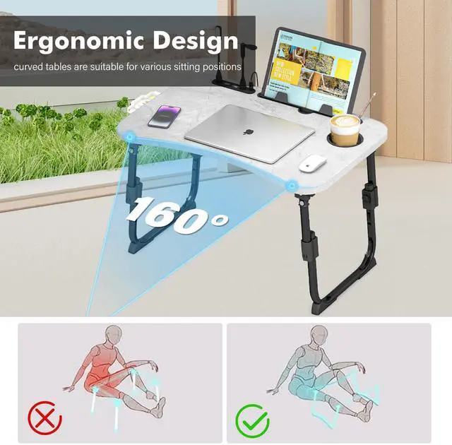 Alt view image 6 of 7 - Lap Desk for Bed Adjustable Height, Foldable Bed Table with Storage Drawer, Tablet Slot & Cup Holder, Portable Laptop Stand for Bed & Sofa, Bed Desk for Adults & Kids, Light Stone Color