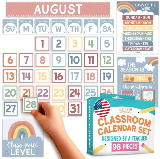 Main image of Classroom Calendar Set -School Calendar Bulletin Board Decor Kids Class Calendar for Boho Classroom Decor, Kindergarten Preschool Teacher Must Haves, Homeschool & Daycare Essentials