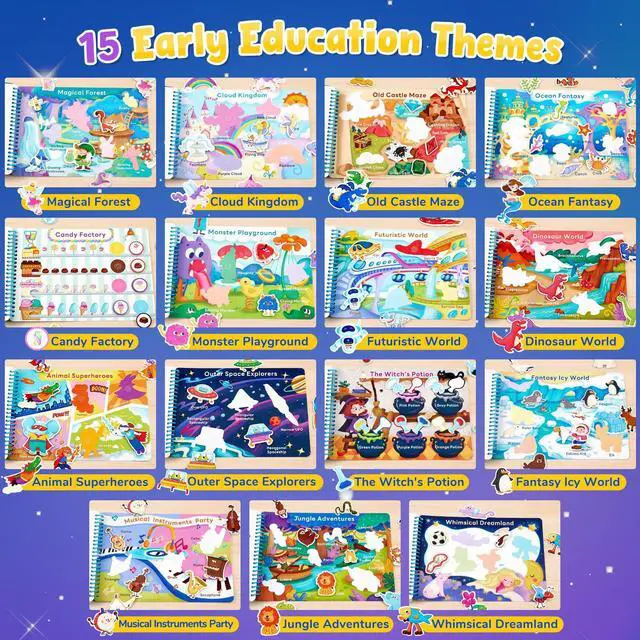 Alt view image 3 of 7 - Imagination Busy Book for Toddlers Ages 3-5, English 15 fantasy scenes with magical creatures, underwater adventures and role-play worlds build creativity and preschool skills