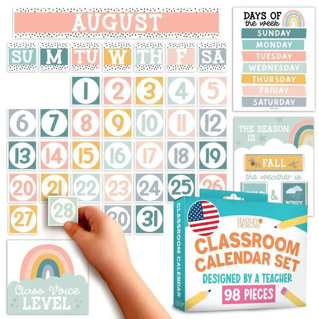 Main image of Classroom Calendar Set -School Calendar Bulletin Board Decor Kids Class Calendar for Boho Classroom Decor, Kindergarten Preschool Teacher Must Haves, Homeschool & Daycare Essentials