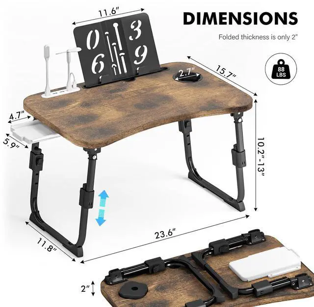 Alt view image 3 of 7 - Lap Desk for Bed Adjustable Height, Foldable Bed Table with Storage Drawer, Tablet Slot & Cup Holder, Portable Laptop Stand for Bed & Sofa, Bed Desk for Adults & Kids, Carbonized