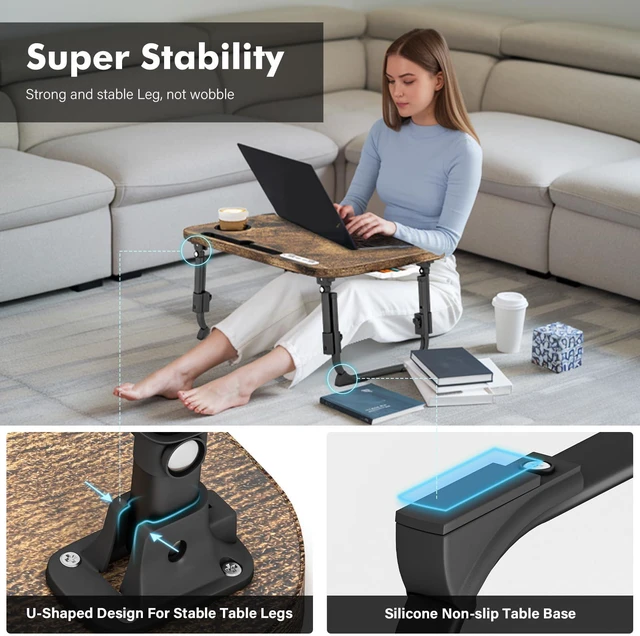 Alt view image 4 of 7 - Lap Desk for Bed Adjustable Height, Foldable Bed Table with Storage Drawer, Tablet Slot & Cup Holder, Portable Laptop Stand for Bed & Sofa, Bed Desk for Adults & Kids, Carbonized