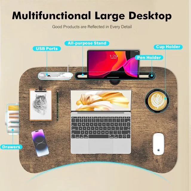 Alt view image 5 of 7 - Lap Desk for Bed Adjustable Height, Foldable Bed Table with Storage Drawer, Tablet Slot & Cup Holder, Portable Laptop Stand for Bed & Sofa, Bed Desk for Adults & Kids, Carbonized