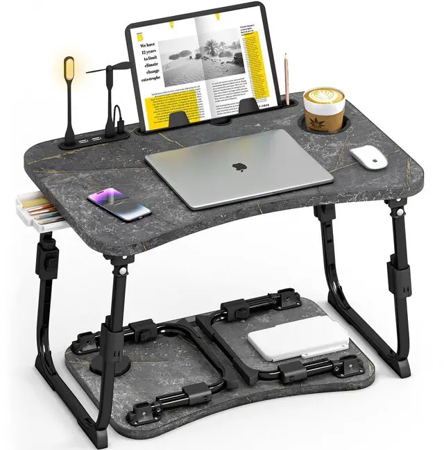 Main image of Lap Desk for Bed Adjustable Height, Foldable Bed Table with Storage Drawer, Tablet Slot & Cup Holder, Portable Laptop Stand for Bed & Sofa, Bed Desk for Adults & Kids, Deep Stone Color