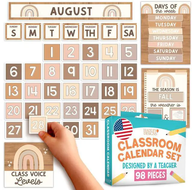 Main image of Classroom Calendar Set -School Calendar Bulletin Board Decor Kids Class Calendar for Boho Classroom Decor, Kindergarten Preschool Teacher Must Haves, Homeschool & Daycare Essentials