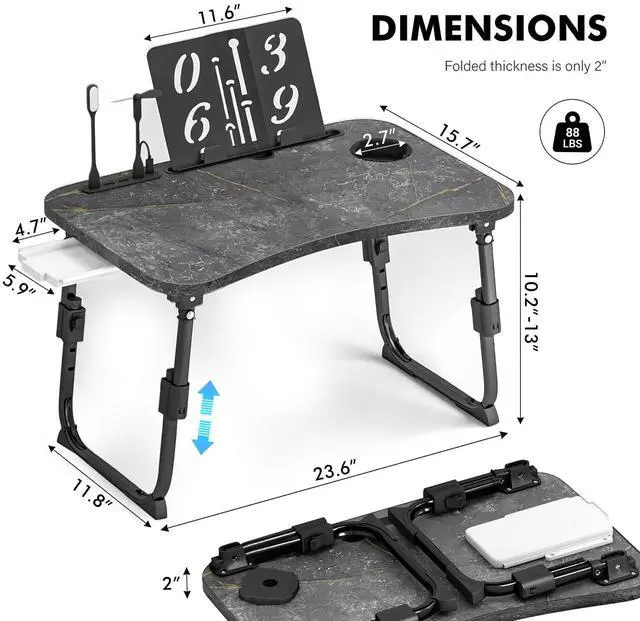 Alt view image 3 of 7 - Lap Desk for Bed Adjustable Height, Foldable Bed Table with Storage Drawer, Tablet Slot & Cup Holder, Portable Laptop Stand for Bed & Sofa, Bed Desk for Adults & Kids, Deep Stone Color