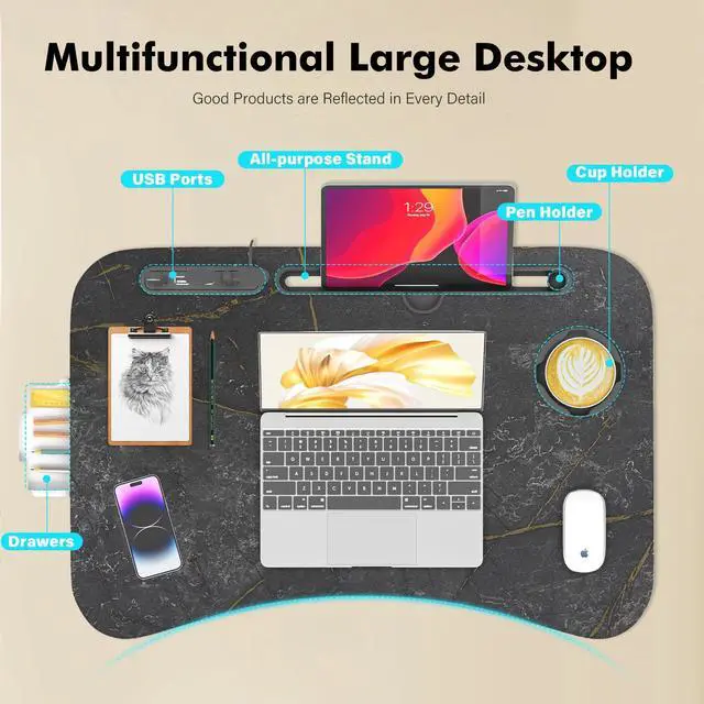 Alt view image 6 of 7 - Lap Desk for Bed Adjustable Height, Foldable Bed Table with Storage Drawer, Tablet Slot & Cup Holder, Portable Laptop Stand for Bed & Sofa, Bed Desk for Adults & Kids, Deep Stone Color