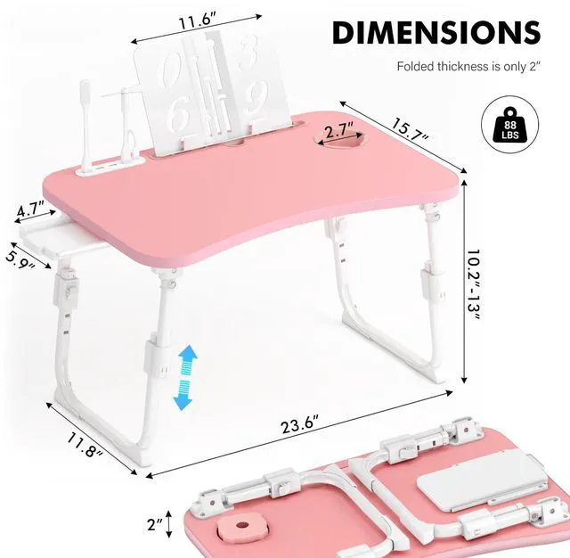 Alt view image 3 of 7 - Lap Desk for Bed Adjustable Height, Foldable Bed Table with Storage Drawer, Tablet Slot & Cup Holder, Portable Laptop Stand for Bed & Sofa, Bed Desk for Adults & Kids, Pink