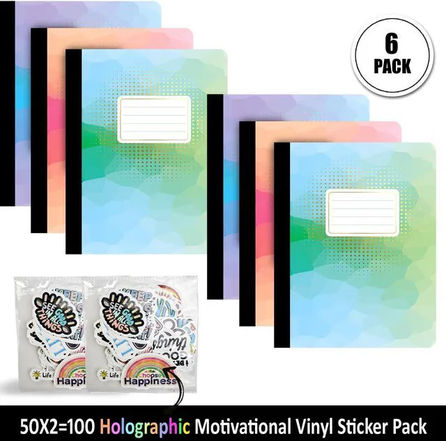 Alt view image 2 of 7 - Jainzy Composition Notebooks, 6 Pack with 100 Motivational Stickers,College Ruled, 9.7 x 7.5 inches, 140 Pages, Gold Foil Details