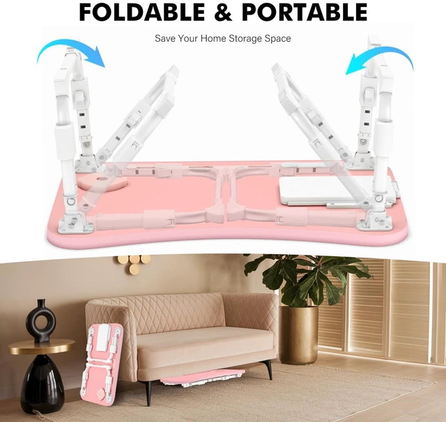 Alt view image 7 of 7 - Lap Desk for Bed Adjustable Height, Foldable Bed Table with Storage Drawer, Tablet Slot & Cup Holder, Portable Laptop Stand for Bed & Sofa, Bed Desk for Adults & Kids, Pink