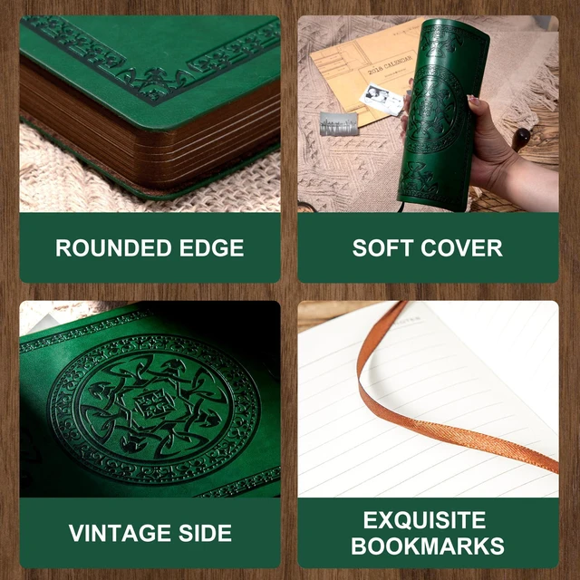 Alt view image 2 of 7 - Leather Journal for Men Women Vintage Notebook Diary, A5, Green Embossed Softcover, 288 Pages, Lay Flat for Writing, Journaling, Work, Travel, Business Gift, Portable A5, 5.7 x 8.3 in