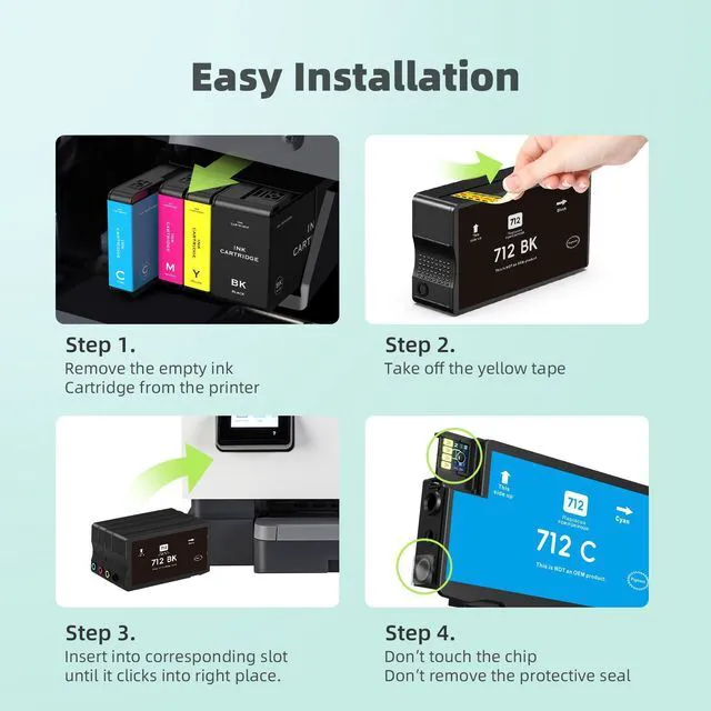 Alt view image 4 of 7 - 712XL 712 Ink Cartridge 4 Pack High Yield Compatible with HP DesignJet T650 Compatible for HP DesignJet T650 T630 T230 T210 Studio Printers. Easy Install CMYK Set (4 Pack, 80-ml Black + 29-ml C/M/Y)