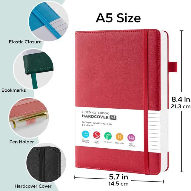 Alt view image 2 of 7 - 2 Pack Notebooks Journals for Women/Men Work Writing, A5 Leather Diary Notebook with Pen Loop, 100GSM Lined Paper, Inner Pocket, for Gift, Office, School Supplies