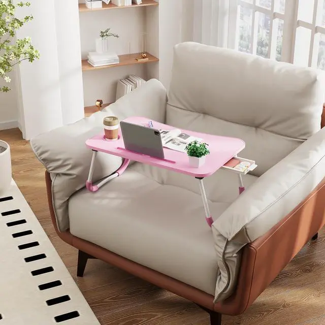 Alt view image 3 of 7 - Lap Desk Bed Trays for Eating and Laptops Breakfast in Bed Tray for Sofa/Couch/Study/Reading/Writing with Cup Holder/Drawer On Low Sitting Floor Large Portable Foldable (Pink)