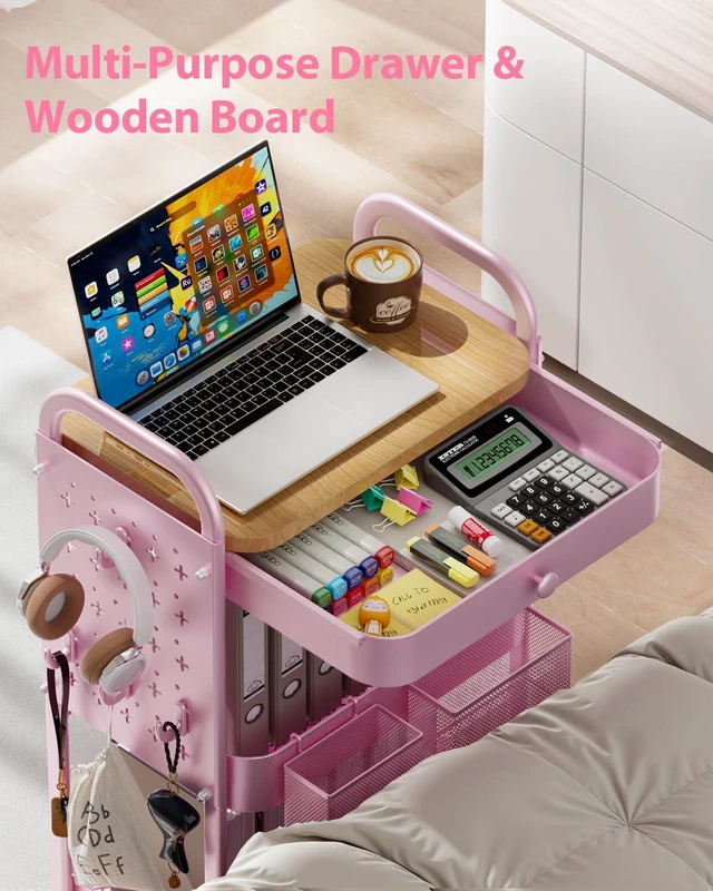 Alt view image 2 of 7 - 3 Tier Metal Rolling Cart with Drawer,Wood Top,Pegboards,Pink Storage Utility Cart with Drawers,Pegboards,Lockable Wheels,Baskets,Hooks for Kitchen,Office,Bedroom,DIY Supplies
