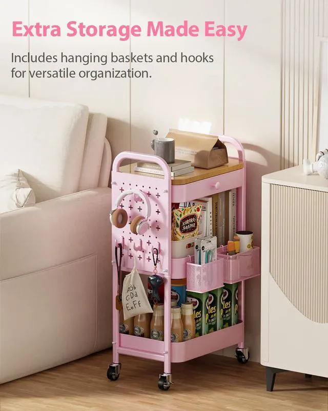 Alt view image 3 of 7 - 3 Tier Metal Rolling Cart with Drawer,Wood Top,Pegboards,Pink Storage Utility Cart with Drawers,Pegboards,Lockable Wheels,Baskets,Hooks for Kitchen,Office,Bedroom,DIY Supplies