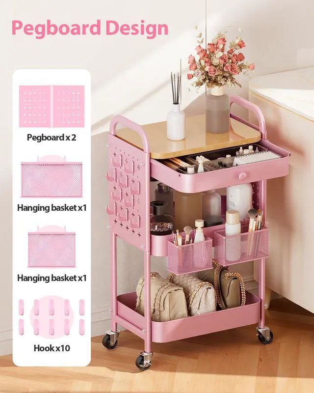 Alt view image 4 of 7 - 3 Tier Metal Rolling Cart with Drawer,Wood Top,Pegboards,Pink Storage Utility Cart with Drawers,Pegboards,Lockable Wheels,Baskets,Hooks for Kitchen,Office,Bedroom,DIY Supplies