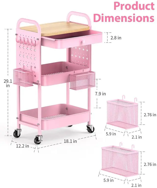 Alt view image 5 of 7 - 3 Tier Metal Rolling Cart with Drawer,Wood Top,Pegboards,Pink Storage Utility Cart with Drawers,Pegboards,Lockable Wheels,Baskets,Hooks for Kitchen,Office,Bedroom,DIY Supplies