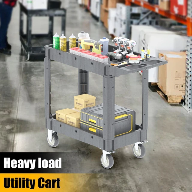 Alt view image 2 of 7 - Utility Rolling Tool Cart, 40 x 17-Inch Plastic Rolling Carts, Huge Storage W/Deep 2-Shelf Heavy Duty Service Cart with Wheels, 550 lbs Capacity Organizer for Garage, Warehouse, Workshop