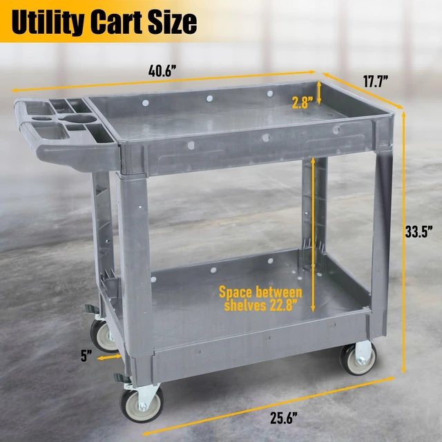 Alt view image 3 of 7 - Utility Rolling Tool Cart, 40 x 17-Inch Plastic Rolling Carts, Huge Storage W/Deep 2-Shelf Heavy Duty Service Cart with Wheels, 550 lbs Capacity Organizer for Garage, Warehouse, Workshop