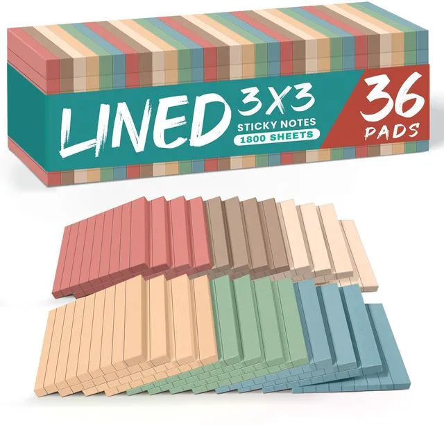 Main image of Lined Sticky Notes, 36 Pads, 3 x 3 Inches, 50 Sheets/Pad, Vintage Bulk Sticky Notes with Lines for Office, Study & Daily Organization, Self-Stick Note Pads for Notes and Reminders