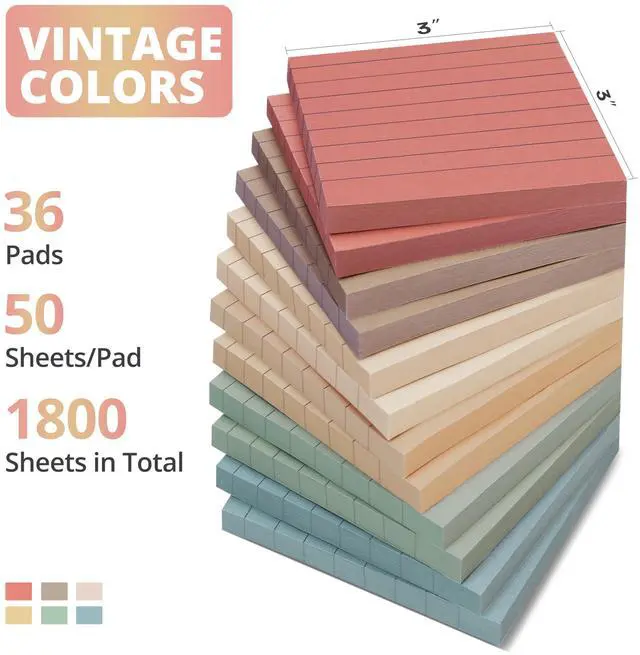 Alt view image 2 of 7 - Lined Sticky Notes, 36 Pads, 3 x 3 Inches, 50 Sheets/Pad, Vintage Bulk Sticky Notes with Lines for Office, Study & Daily Organization, Self-Stick Note Pads for Notes and Reminders