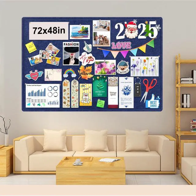 Alt view image 2 of 7 - Large Bulletin Board, 72x48 Inches Cork Board Alternative, Large Felt Board Decorative Pin Board for Wall, Foldable Photo Board Self-Adhesive Vision Board with 36 Pushpins Dark Blue