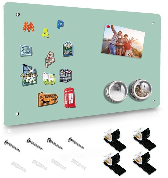 Main image of Green Magnetic Board,17.5" x 11.4" Magnet Bulletin Board to Display Magnetic Notes, Poetry, Photos, Suitable for Wall, Refrigerator, Cabinet etc, Come with 4 Pcs Dual Lock Tape and Screws