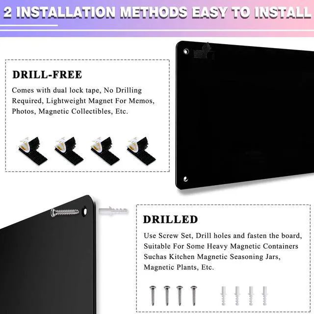 Alt view image 3 of 6 - Black Magnetic Board,17.5" x 11.4" Magnet Bulletin Board to Display Magnetic Notes, Poetry, Photos, Suitable for Wall, Refrigerator, Cabinet etc, Come with 4 Pcs Dual Lock Tape and Screws